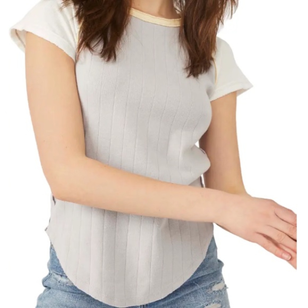 Free People, Block It Baby Tee, White and Grey Ribbed, Size M